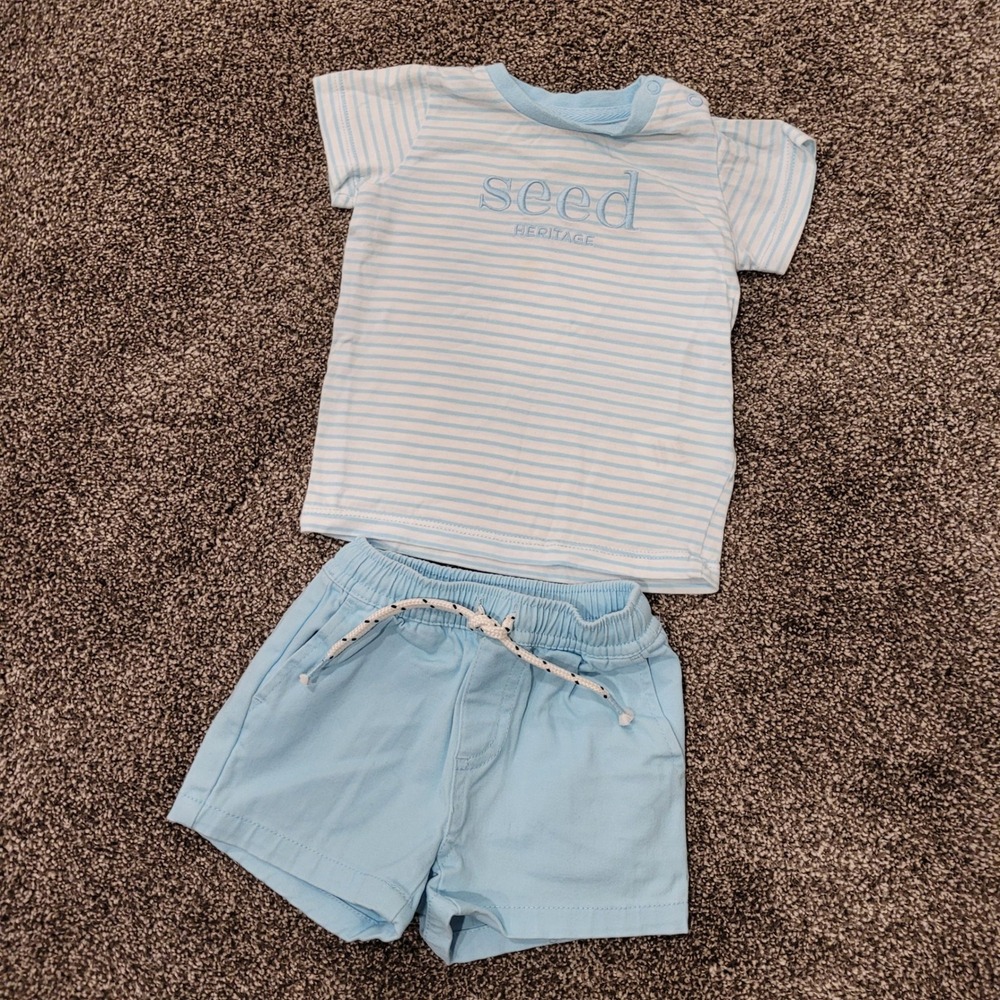 Seed Heritage Baby Blue Striped T Shirt & Light Blue Shorts Set Size 3-6 Months